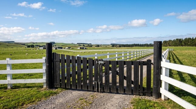 A black wooden gate opens to a scenic rural landscape with grazing sheep