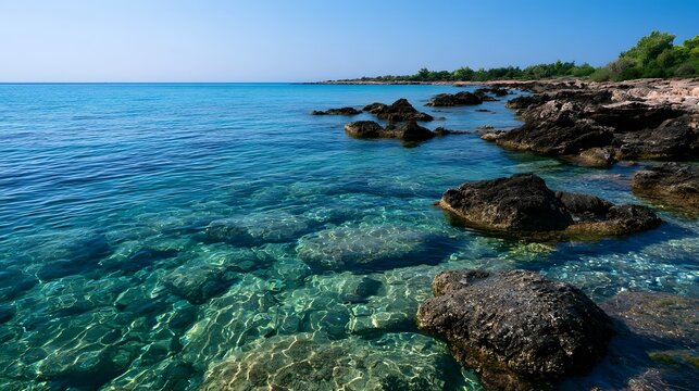 A serene coastal scene with clear turquoise water gently lapping against dark rocky shores under a bright blue sky