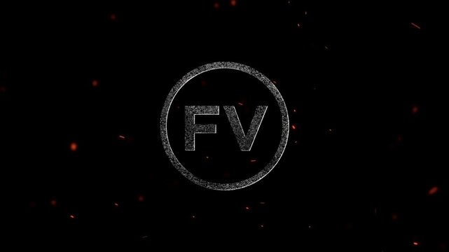 Letters FV inside a circular glowing border with small floating embers