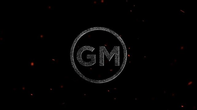 Letters GM inside a circle with a grainy texture surrounded by floating glowing ember particles