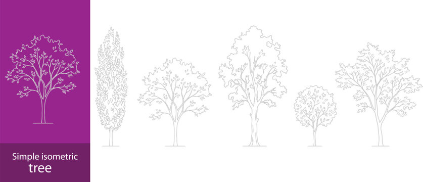 Simple isometric tree line drawing set featuring minimal broadleaf foliage outlines for architectural entourage, landscape elevation and CAD diagram design