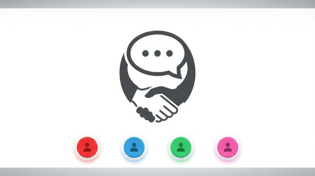 A graphic icon featuring a handshake combined with a speech bubble, representing communication, with four colorful user profile buttons below international day for tolerance