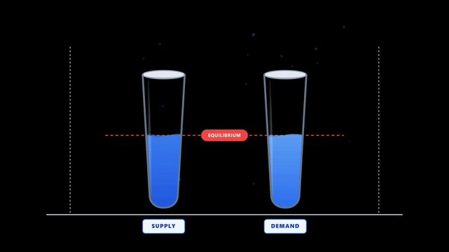 Illustration representing economic equilibrium with supply and demand containers filled with blue liquid in perfect balance on a dark background.