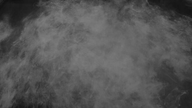 Thick white and grey smoke clouds billow through deep darkness across a horizontal frame in an abstract 3D fluid render