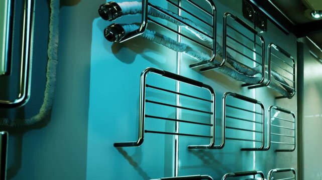 A sleek kitchen area features stylish metallic racks and pipes against a vivid backdrop. The arrangement showcases organization and contemporary design, inviting functionality and elegance.