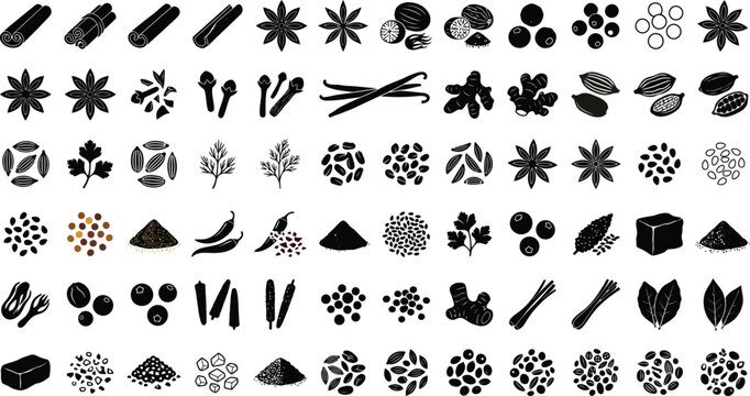Comprehensive collection of culinary spices and herbs icons featuring cinnamon, star anise, ginger, chili, and peppercorns in flat vector silhouette