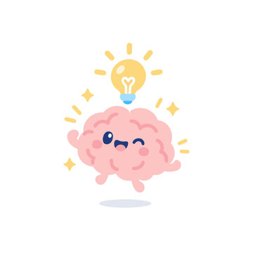 Cute Glowing Brain with Lightbulb Idea Above Futuristic Cartoon Illustration