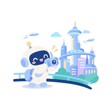 Cute Robot Taking Photo with Camera in Futuristic City Cartoon Illustration