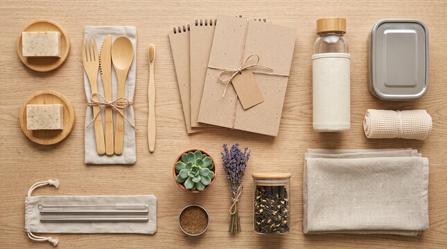 Flat lay of sustainable eco friendly living essentials on wooden surface