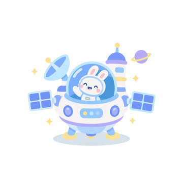 Cute Bunny Astronaut Waving from Small Space Station Cartoon Illustration