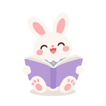Cute Teacher Bunny Holding Big Open Book Teaching Cartoon Illustration