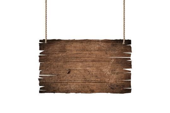 wooden blank sign hanging with chain and rope on white background