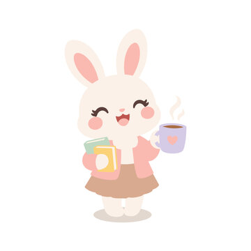 Cute Teacher Bunny Holding Warm Coffee Mug with Steam Cartoon Illustration
