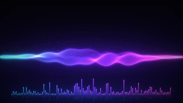 Abstract neon sound wave visualization with equalizer bars in purple and blue hues on a dark background