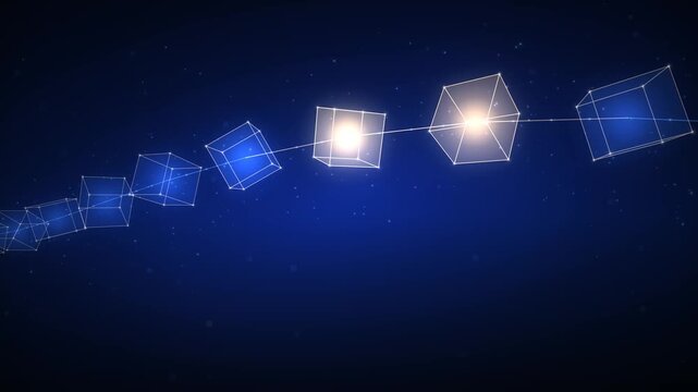 Digital blockchain network of interconnected cubes in a flowing stream against a dark blue starry background representing data transfer and connectivity