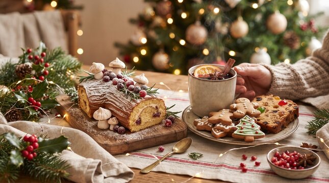 Traditional Christmas Yule log cake with festive cookies and hot spiced drink