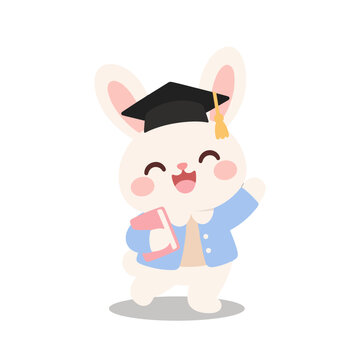 Cute Teacher Bunny Wearing Black Graduation Cap with Tassel Cartoon Illustration