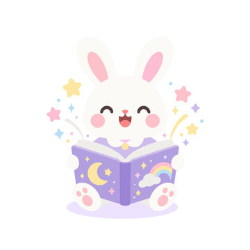Cute Teacher Bunny Reading Storybook with Stars and Sparkles Cartoon Illustration