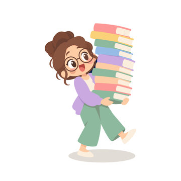 Funny Cute Teacher with Big Round Glasses Holding Stack of Books Cartoon Illustration