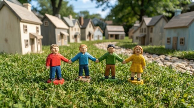 Four small wooden figurines holding hands in a line in front of a miniature village model on green grass representing community and unity international day for tolerance