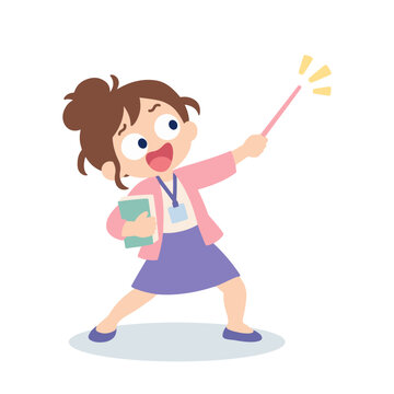 Funny Cute Teacher Pointing with Long Pointer Stick Exaggerated Pose Cartoon Illustration
