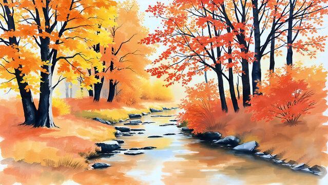  Autumn forest landscape, calm flowing river, watercolor    