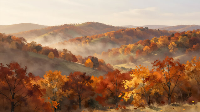 Autumn forest landscape, watercolor  