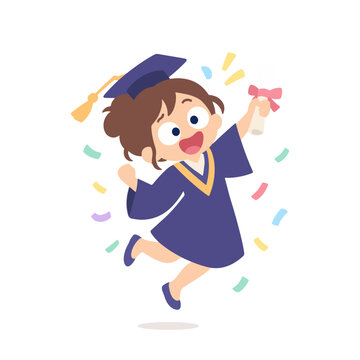 Funny Cute Teacher in Graduation Gown and Cap Celebrating with Confetti Cartoon Illustration