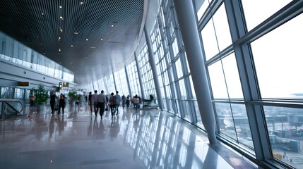 Fototapeta premium Modern airport terminal with travelers walking past large under bright diffused light polished floor reflecting structural elements