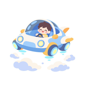 Cute Flying Car Hovering Above Clouds Futuristic Transport Cartoon Illustration