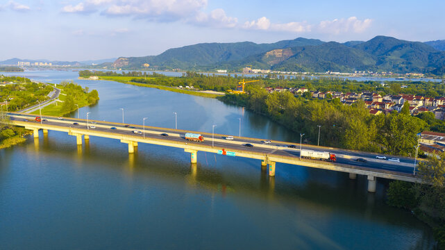 Aerial View of Highway Bridge Over Qiantang River in Hangzhou, China