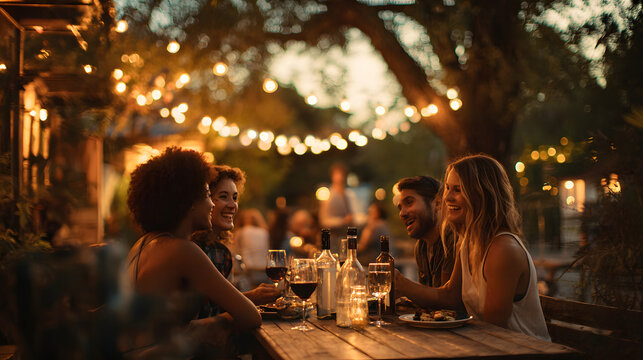 Friends sharing tapas and wine at outdoor table under string light create warm social dining scene with relaxed joyful expression