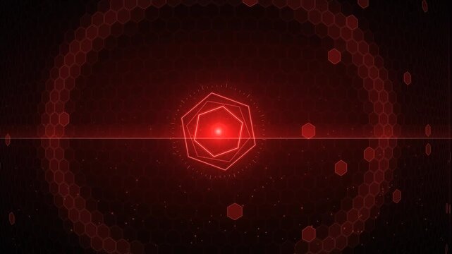 Abstract Red Hexagonal Grid with Glowing Central Core and Lens Flare Effect