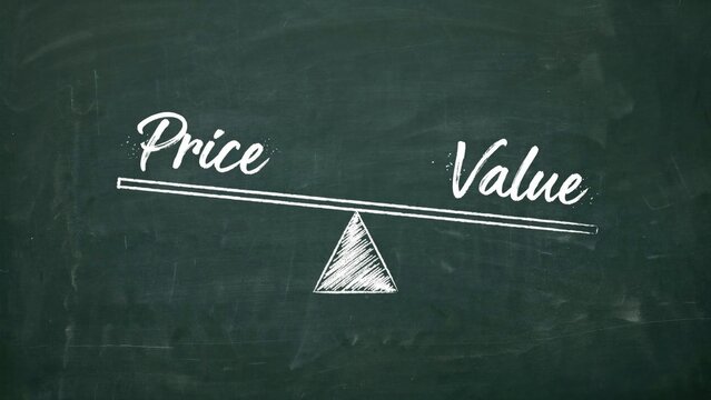 Hand-drawn chalk of a balance scale comparing price and value on a green chalkboard background
