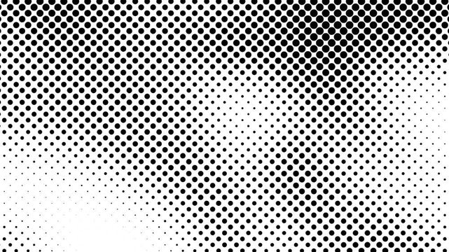 Black halftone dots move and change size on a white background with alpha channel creating a dynamic pattern of circles that flow across the dark digital screen display.