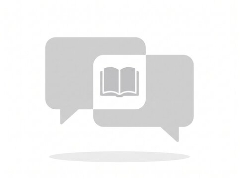 Grey chat bubbles icon with a white book symbol inside, representing communication about literature, learning, reading, education, and knowledge sharing in a minimalist design