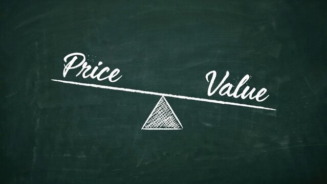 Hand-drawn chalk seesaw comparing price and value on a green chalkboard