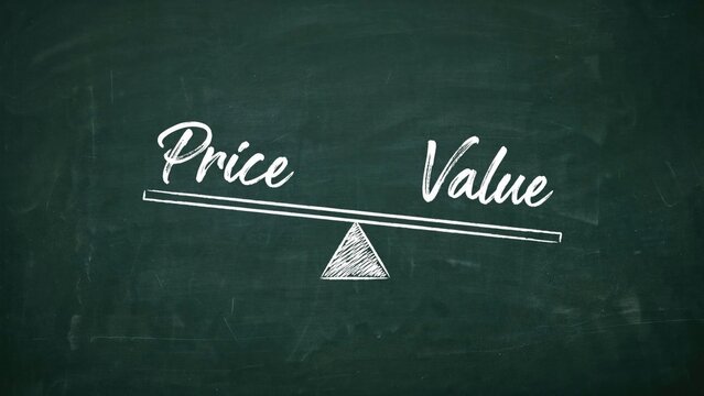 Hand-drawn chalk of a seesaw balancing price and value on a green blackboard