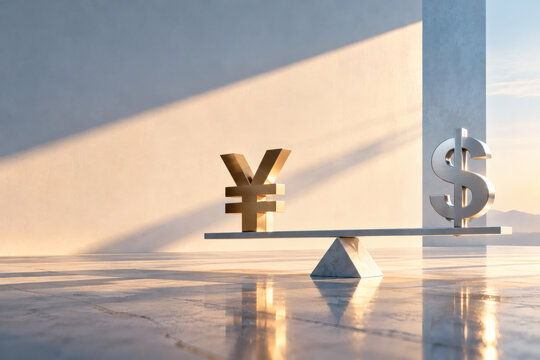 Yen and dollar currency symbols balanced on a scale AI generated