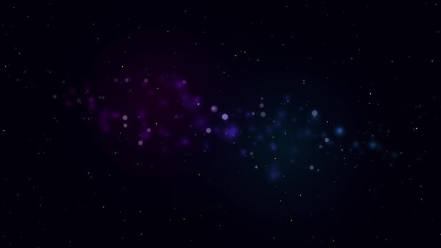 Abstract purple and blue bokeh particles floating in dark space background