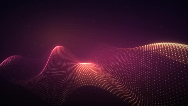 Abstract glowing digital wave of particles flowing and transforming in a dark cosmic background with subtle stars