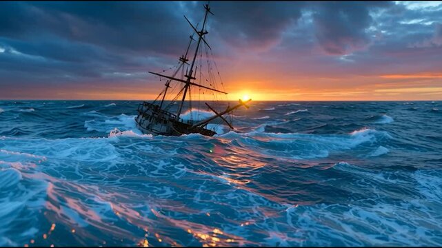 Shipwrecked vessel sails through turbulent ocean waves