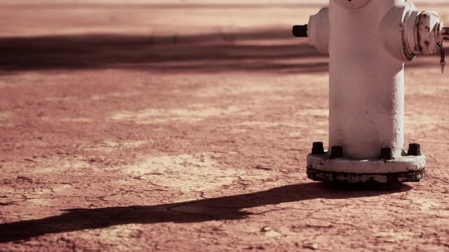 A white fire hydrant rests on cracked ground, surrounded by an expansive dry landscape. The warm sun casts a long shadow, hinting at the heat of the afternoon.