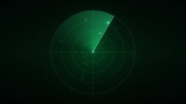 Green radar screen displaying multiple targets and a sweeping radar beam across concentric circles on a dark background