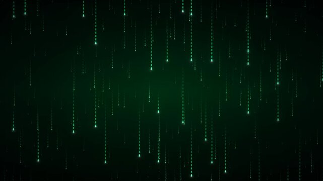Abstract digital rain of glowing green particles and binary code cascading down on a dark background