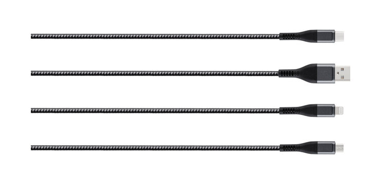 Set of black and grey braided USB charging cables with type c, usb a, lightning, and micro usb plugs isolated on white background. Mobile connectivity accessory asset for technology catalog
