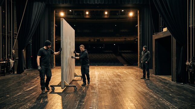 Backstage crew moves a scenic flat after an evening event