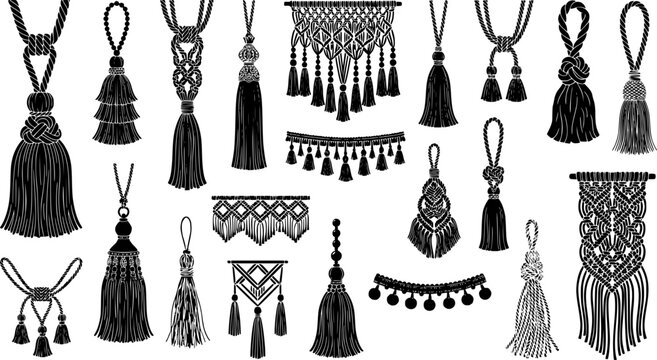 Macrame tassel vector set, vintage decorative fringe and cord elements, black and white boho rope craft collection for home decor