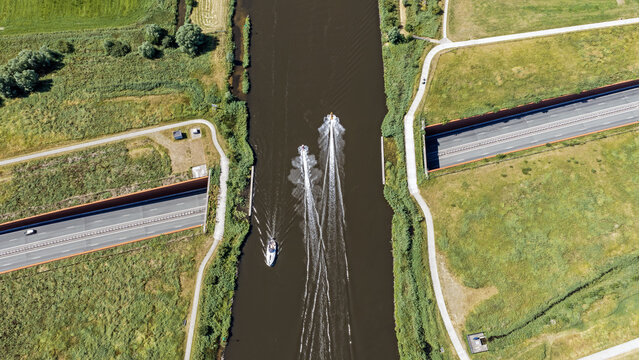 Aerial view of Hendrik Bulthuis Aqueduct with road and boat traffic
