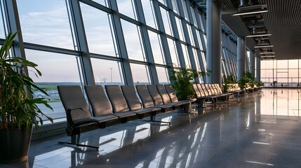 Fototapeta premium Modern airport terminal with rows of empty seating large overlooking tar and polished floor reflecting light